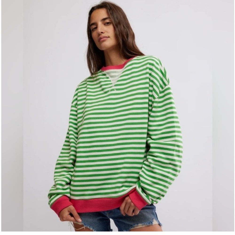 We The Free Green Classic Striped Oversized Crewneck